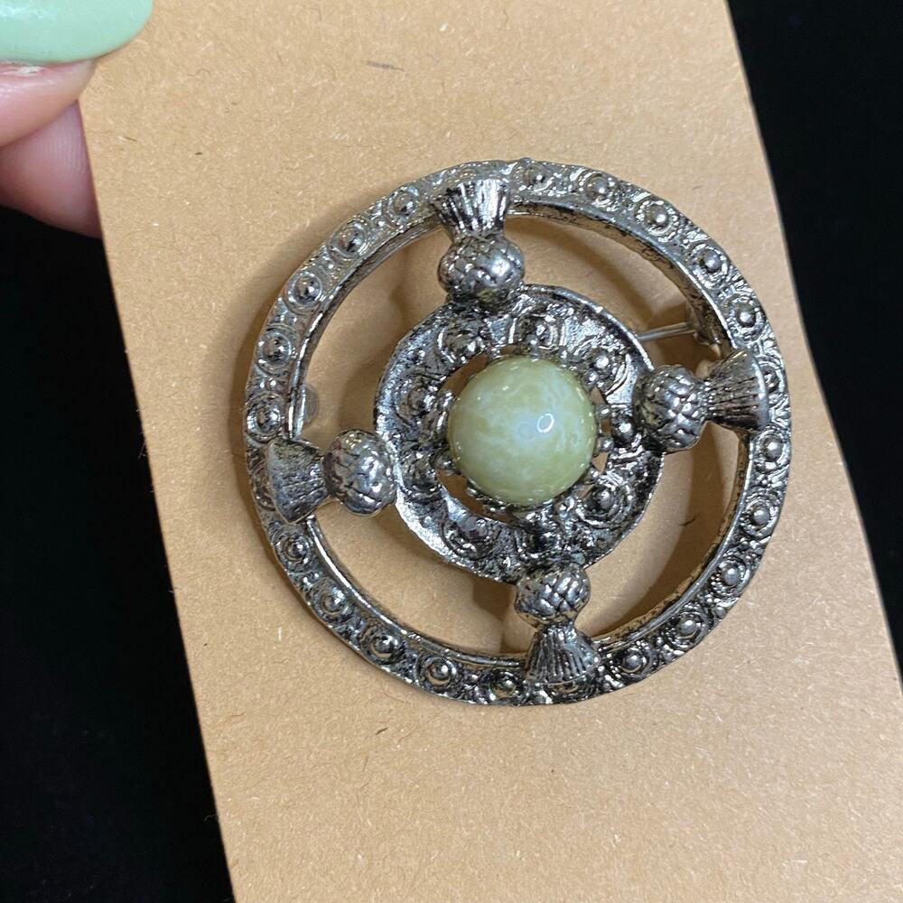 Vintage Hollywood Scottish Thistle Brooch Silver Tone Celtic Faux Stone 1.5"